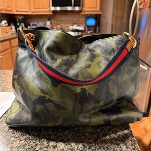 Mark & Graham Camouflage Tote Bag with Red and Blue Strap